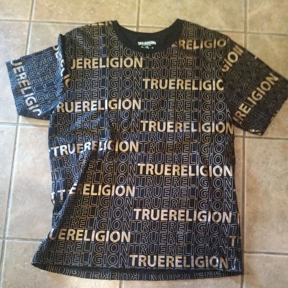 True Religion Other - Rare True Religion Large L Gold Metallic Foil TShirt Black Logo Double Sided